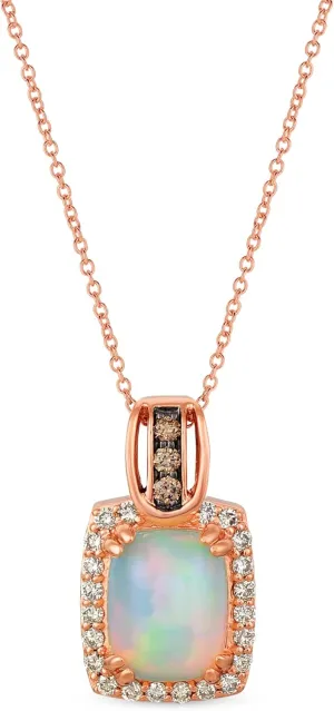LE VIAN 3/8 Carat Chocolate Diamond and 1 3/5 Carat Cushion Cut Opal Halo Pendant Necklace for Women in 14k Rose Gold (White/Brown, cttw) on 20 Inch Long Chain with Lobster Claw Clasp