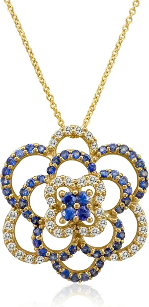LE VIAN 3/8 Carat Vanilla Diamond with 1 Carat Blue Sapphire Necklace for Women | 14k Yellow Gold Floral Design Pendant for Her | 18 Inch Chain Necklace (H-I, SI1-SI2, 0.39 cttw) Lobster Claw Clasp