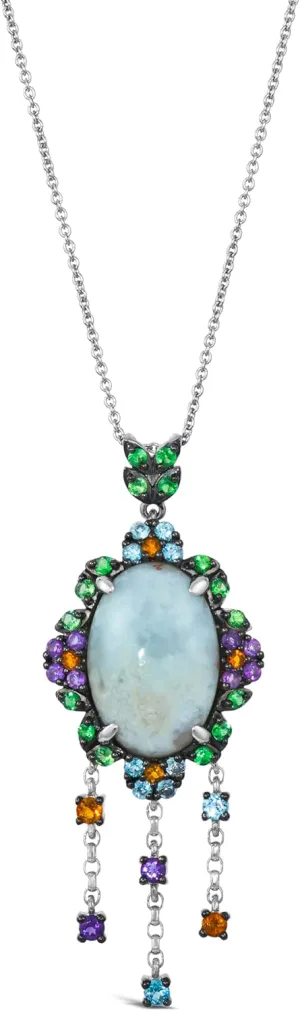 LE VIAN 4 Carat Multi Stone Oval Halo Dangling Charms Pendant Necklace for Women in 14k White Gold I 20 Inches Long Chain I Turquoise, Tsavorite, Amethyst, Blue Topaz, Citrine I Lobster Claw Clasp