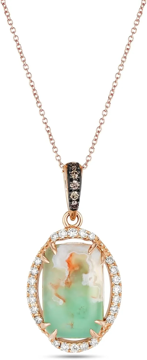 LE VIAN Cushion Cut Green Aquaprase Cabochon Oval Halo Pendant Necklace for Women in 14k Rose Gold Plated 925 Sterling Silver with White Topaz and Smoky Quartz on 18 Inch Chain with Lobster Claw