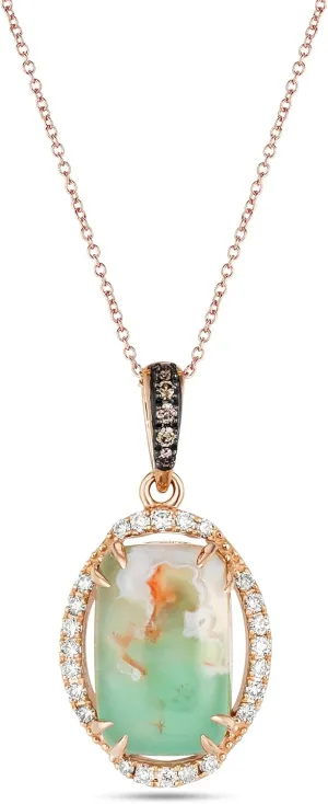 LE VIAN Cushion Cut Green Aquaprase Cabochon Oval Halo Pendant Necklace for Women in 14k Rose Gold Plated 925 Sterling Silver with White Topaz and Smoky Quartz on 18 Inch Chain with Lobster Claw