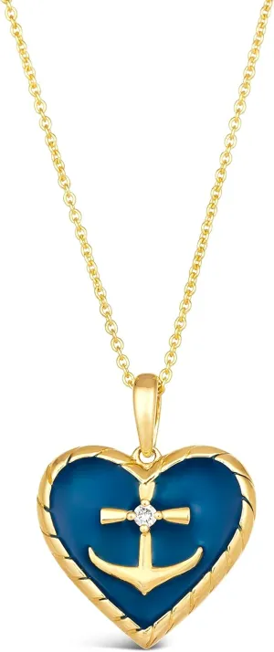 LE VIAN Diamond and Blue Enamel Anchor Heart Pendant Necklace for Women in 14k Yellow Gold (White, 0.01 cttw) on 20 Inch Long Chain with Lobster Claw Clasp