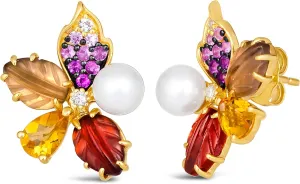 LE VIAN Diamond, Pearl, Pear Cut Citrine, and Multi Stone Flower and Leaf Stud Earrings for Women in 14k Yellow Gold (G-H/Multicolor Gemstones, VS2-SI1, 3.35 TCW) Push Back Studs