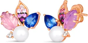 LE VIAN Diamond, Pearl, Pear Cut Tanzanite, and Multi Stone Flower and Leaf Earrings for Women in 14k Rose Gold (G-H/Multicolor Gemstones, 1.96 TCW) Push Back Earrings