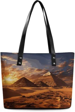 Leather Purse For Women Elegance Egyptian Pyramids Printing Tote Bag Pu Purses Handbags For Work Travel Casual Use