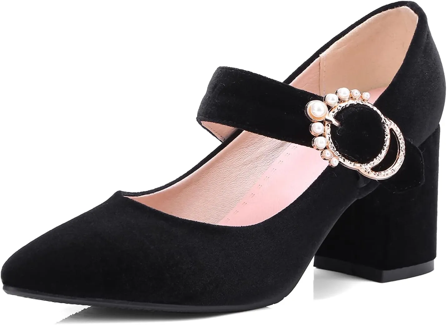 LEHOOR Women Chunky Heel Closed Pointed Toe Mary Jane Pumps Metal Buckle with Pearl Ankle Strap Mary Jane Heels Velvet Comfort Vintage Dress Shoes Block Heel Retro Bridal Party 4-11 M US