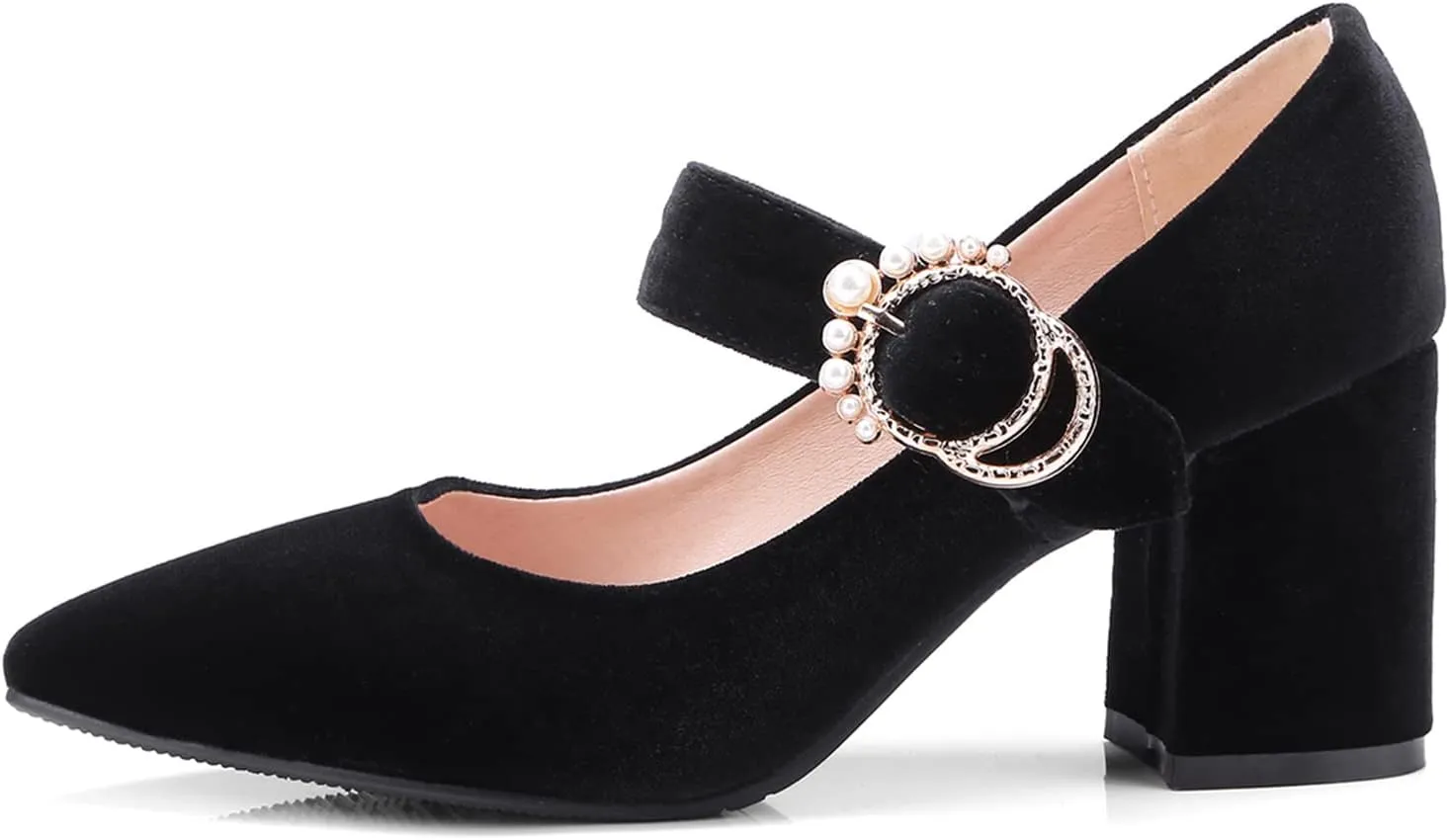 LEHOOR Women Chunky Heel Closed Pointed Toe Mary Jane Pumps Metal Buckle with Pearl Ankle Strap Mary Jane Heels Velvet Comfort Vintage Dress Shoes Block Heel Retro Bridal Party 4-11 M US