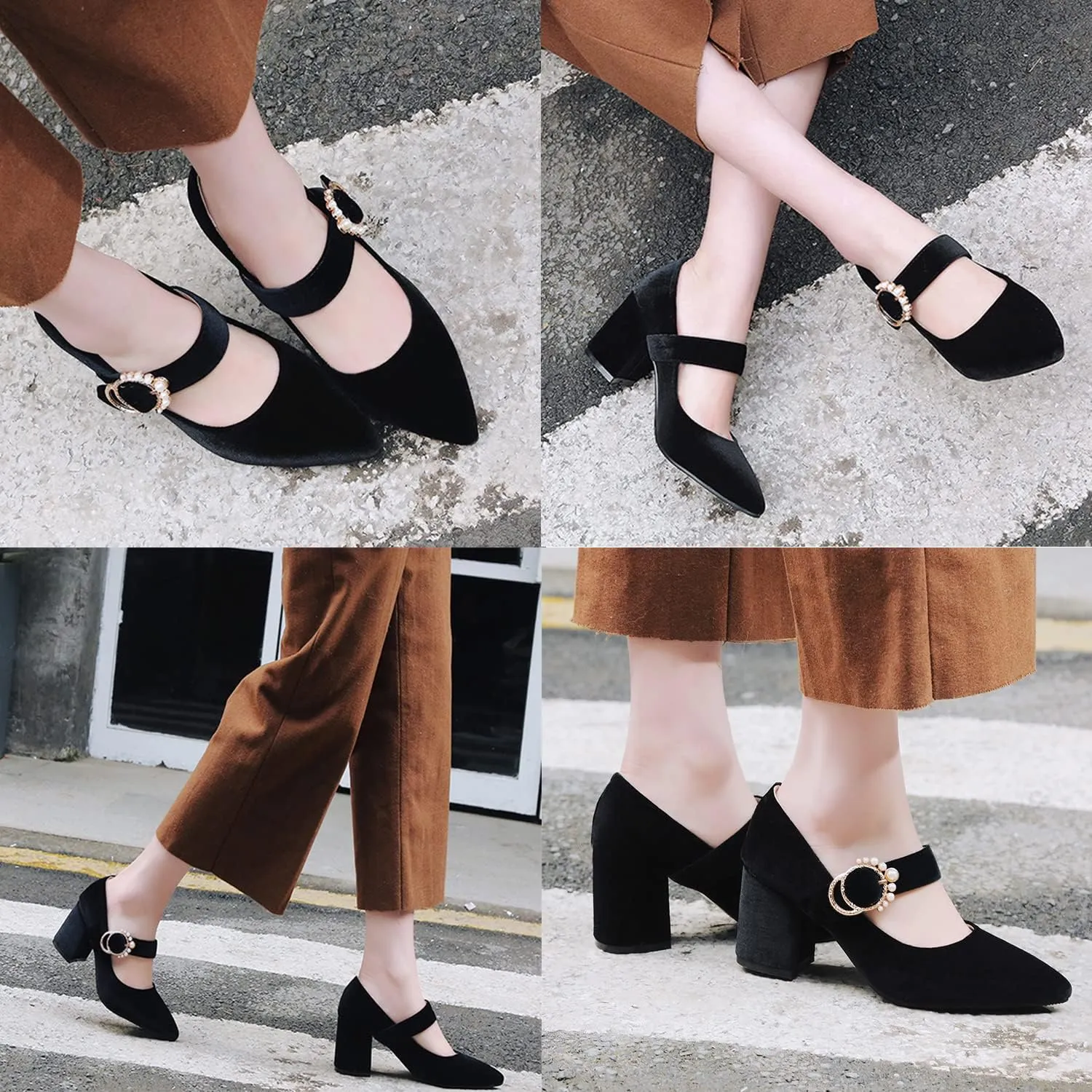 LEHOOR Women Chunky Heel Closed Pointed Toe Mary Jane Pumps Metal Buckle with Pearl Ankle Strap Mary Jane Heels Velvet Comfort Vintage Dress Shoes Block Heel Retro Bridal Party 4-11 M US