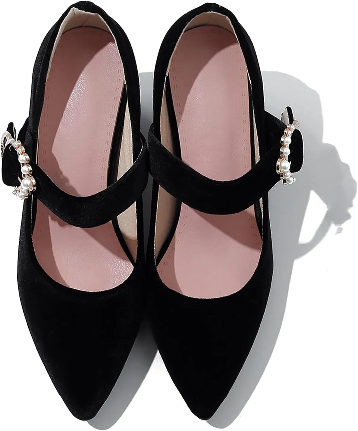LEHOOR Women Chunky Heel Closed Pointed Toe Mary Jane Pumps Metal Buckle with Pearl Ankle Strap Mary Jane Heels Velvet Comfort Vintage Dress Shoes Block Heel Retro Bridal Party 4-11 M US