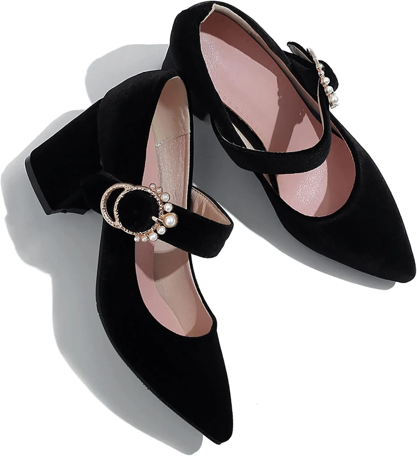 LEHOOR Women Chunky Heel Closed Pointed Toe Mary Jane Pumps Metal Buckle with Pearl Ankle Strap Mary Jane Heels Velvet Comfort Vintage Dress Shoes Block Heel Retro Bridal Party 4-11 M US