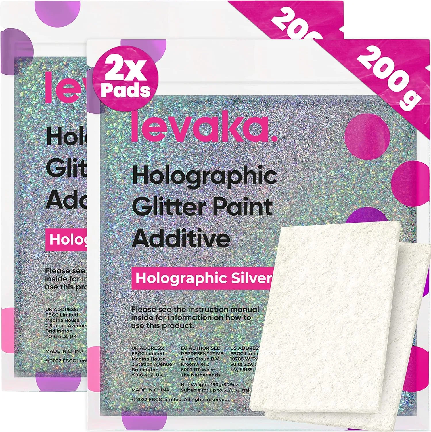 LEVAKA Glitter Paint Additive for Walls - Holographic Silver Paint Glitter for Painting Walls - Add to Interior or Exterior Paint for a Gorgeous Sparkling Finish - Includes 2 Buffing Pads - 14.11oz