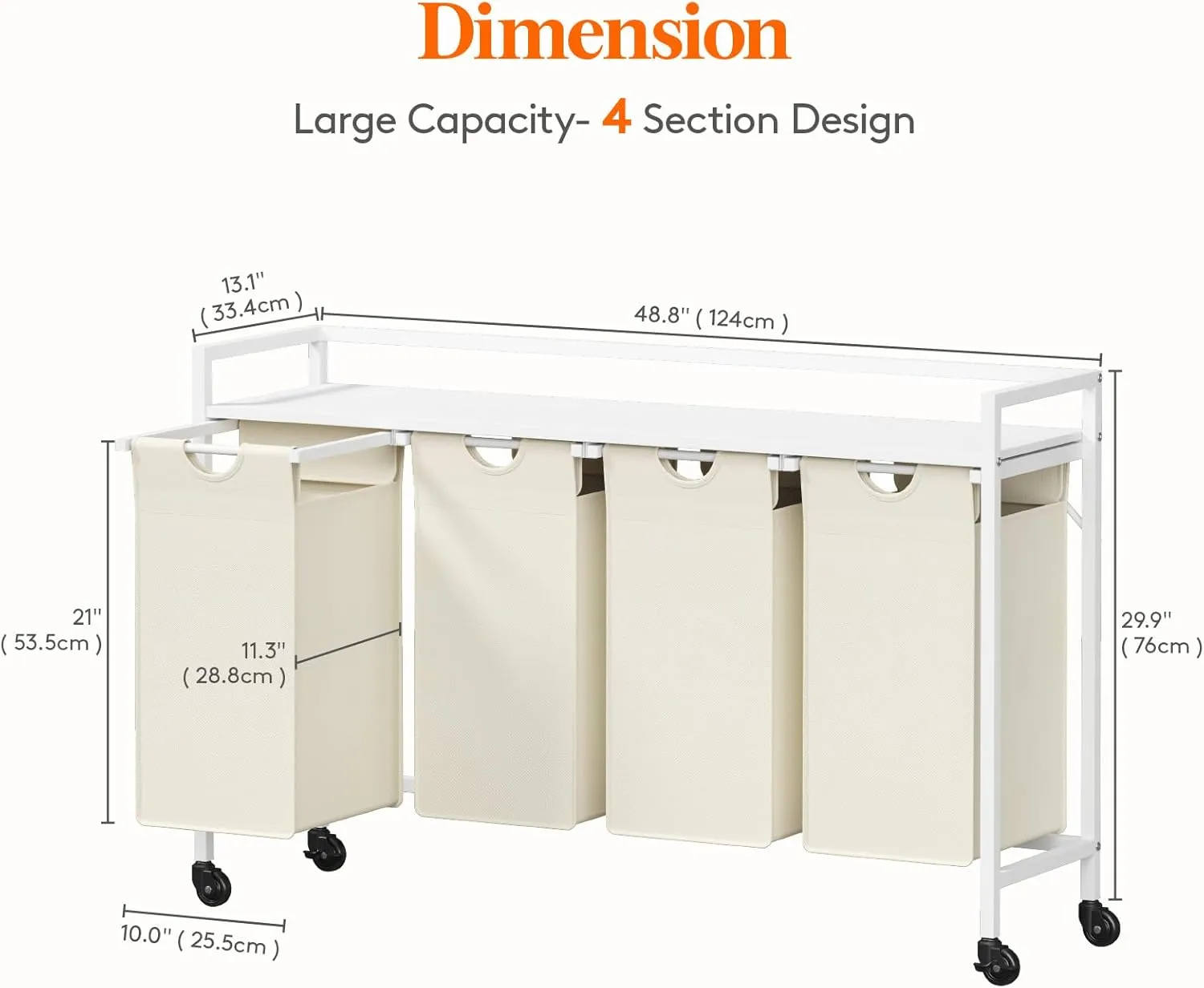 Lifewit Laundry Hamper 4 Section, 168L Pull out Laundry Clothes Basket Organizer with Large Top Shelf and 4 Removable Bags and Handles for Laundry Room Bedroom Bathroom, White with Wheels