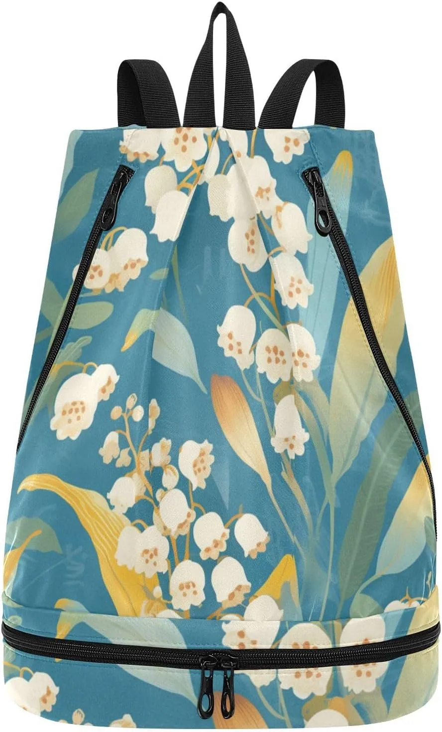 lily of Valley Turquoise Drawstring string bag yoga bag for women with Wet Dry Compartments