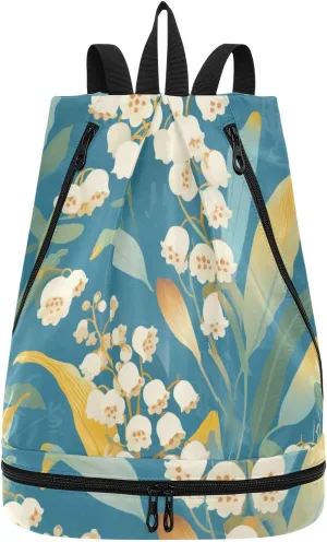 lily of Valley Turquoise Drawstring string bag yoga bag for women with Wet Dry Compartments