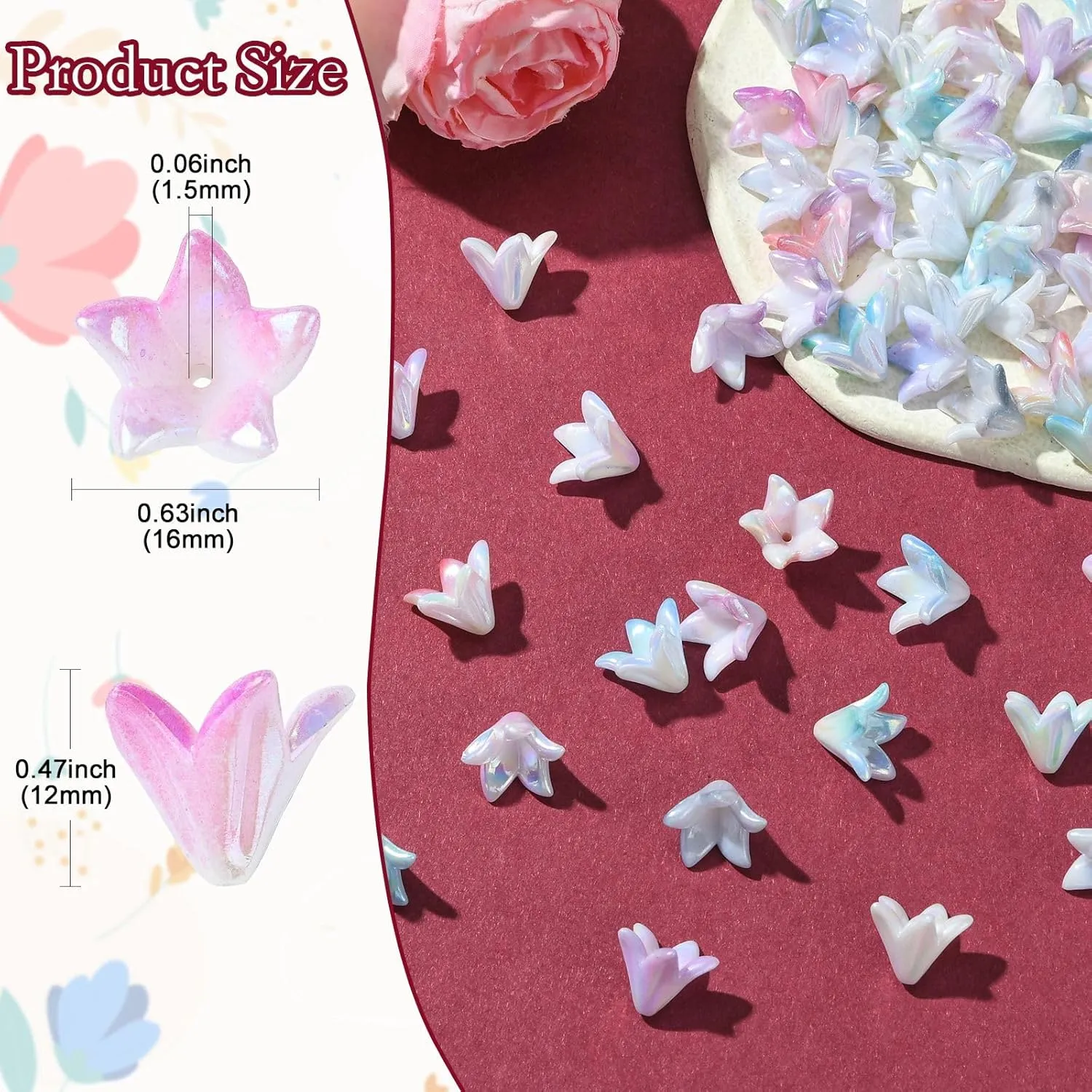 LiQunSweet 100 pcs Colorful Acrylic Gradient Lily Beads End Caps Valley Trumpet Flower Floral Spacer Beads for Jewelry Making DIY Earring Bracelet Bag Keychain