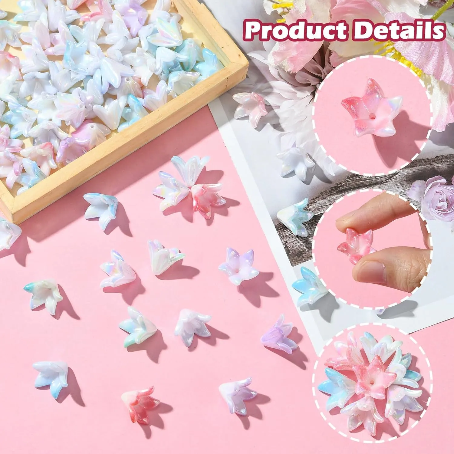 LiQunSweet 100 pcs Colorful Acrylic Gradient Lily Beads End Caps Valley Trumpet Flower Floral Spacer Beads for Jewelry Making DIY Earring Bracelet Bag Keychain