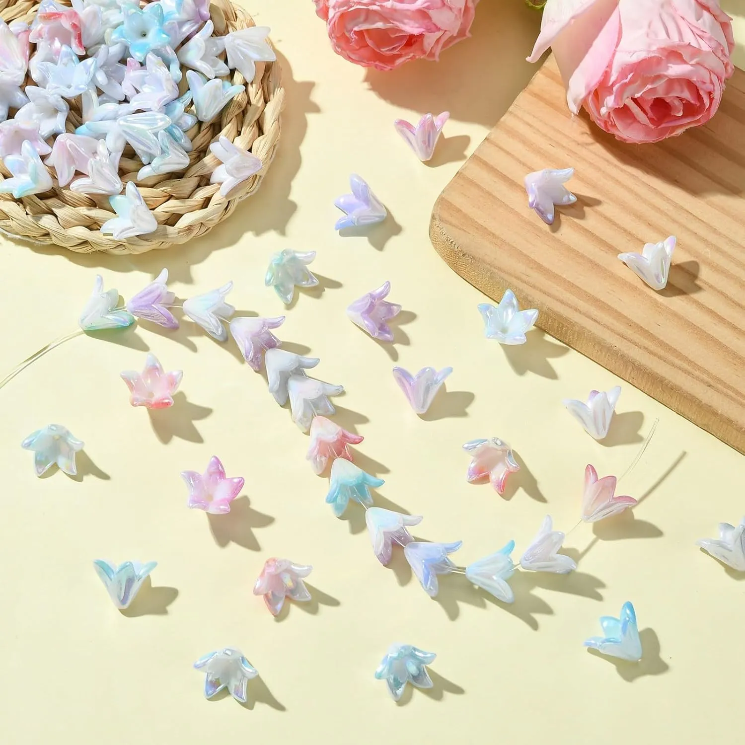 LiQunSweet 100 pcs Colorful Acrylic Gradient Lily Beads End Caps Valley Trumpet Flower Floral Spacer Beads for Jewelry Making DIY Earring Bracelet Bag Keychain