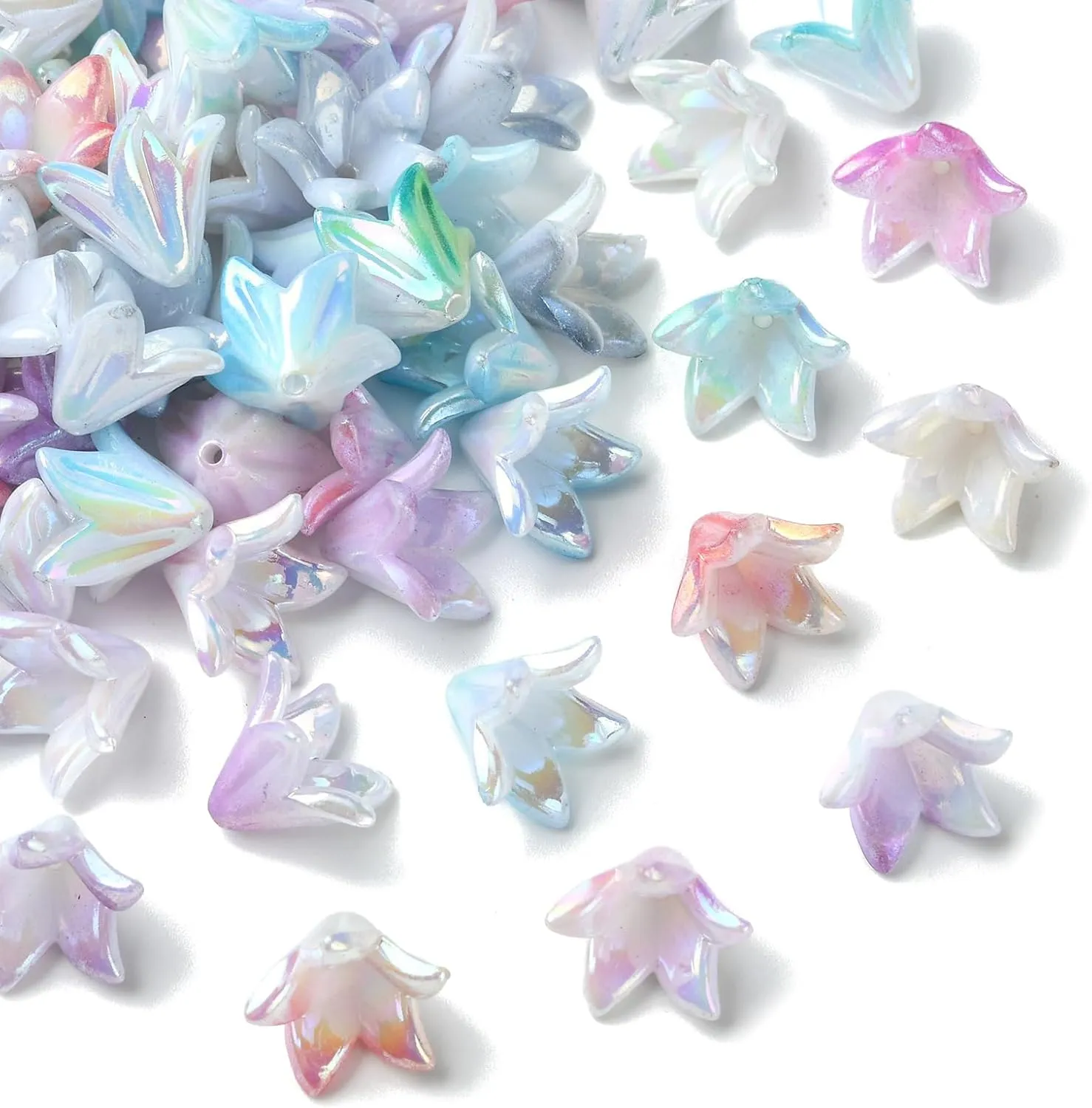 LiQunSweet 100 pcs Colorful Acrylic Gradient Lily Beads End Caps Valley Trumpet Flower Floral Spacer Beads for Jewelry Making DIY Earring Bracelet Bag Keychain