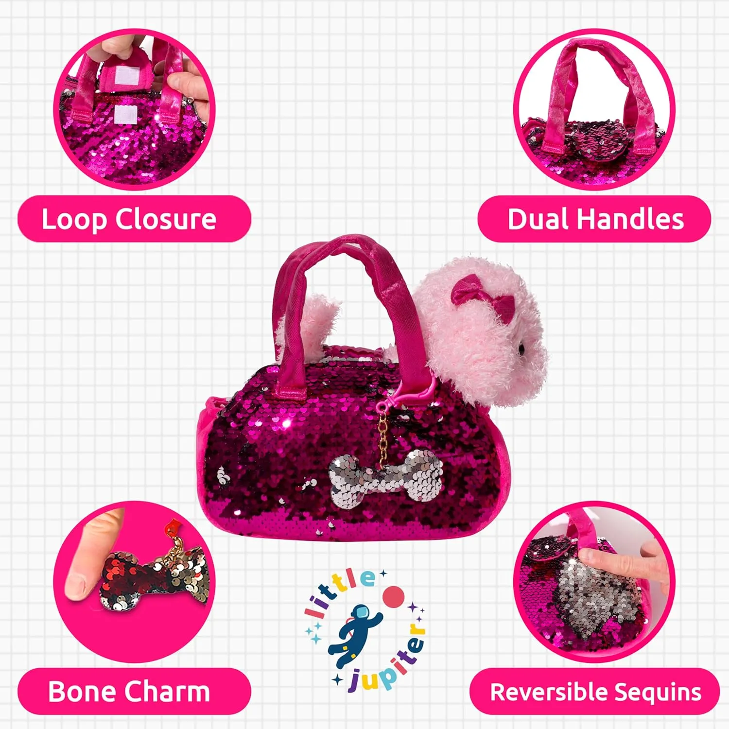 Little Jupiter Pet Plush Set with Purse w/Reversible Sequins & Charm - Stuffed Animal Toy for Kids Ages 4-5 - 6-7 - Stuffed Animal Purse - Stuffed Animals for Girls - (Pink Labradoodle)