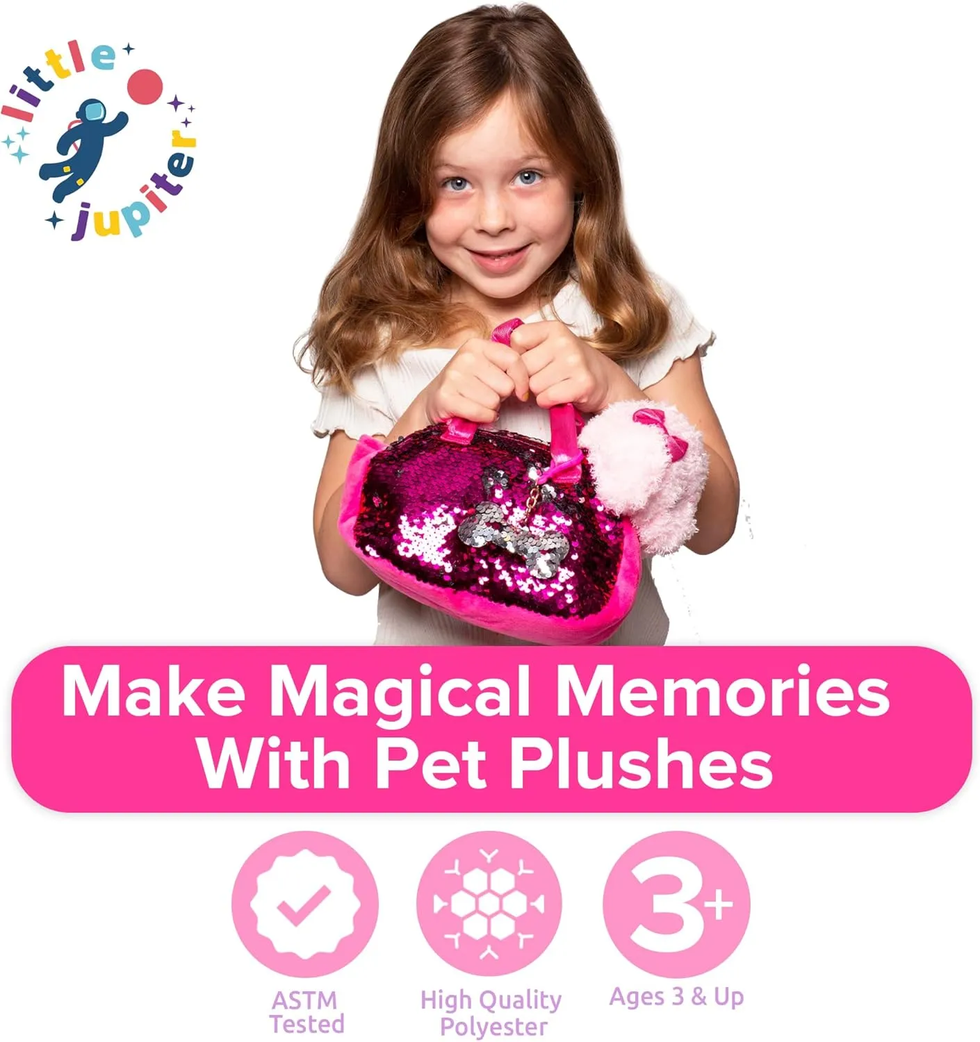 Little Jupiter Pet Plush Set with Purse w/Reversible Sequins & Charm - Stuffed Animal Toy for Kids Ages 4-5 - 6-7 - Stuffed Animal Purse - Stuffed Animals for Girls - (Pink Labradoodle)