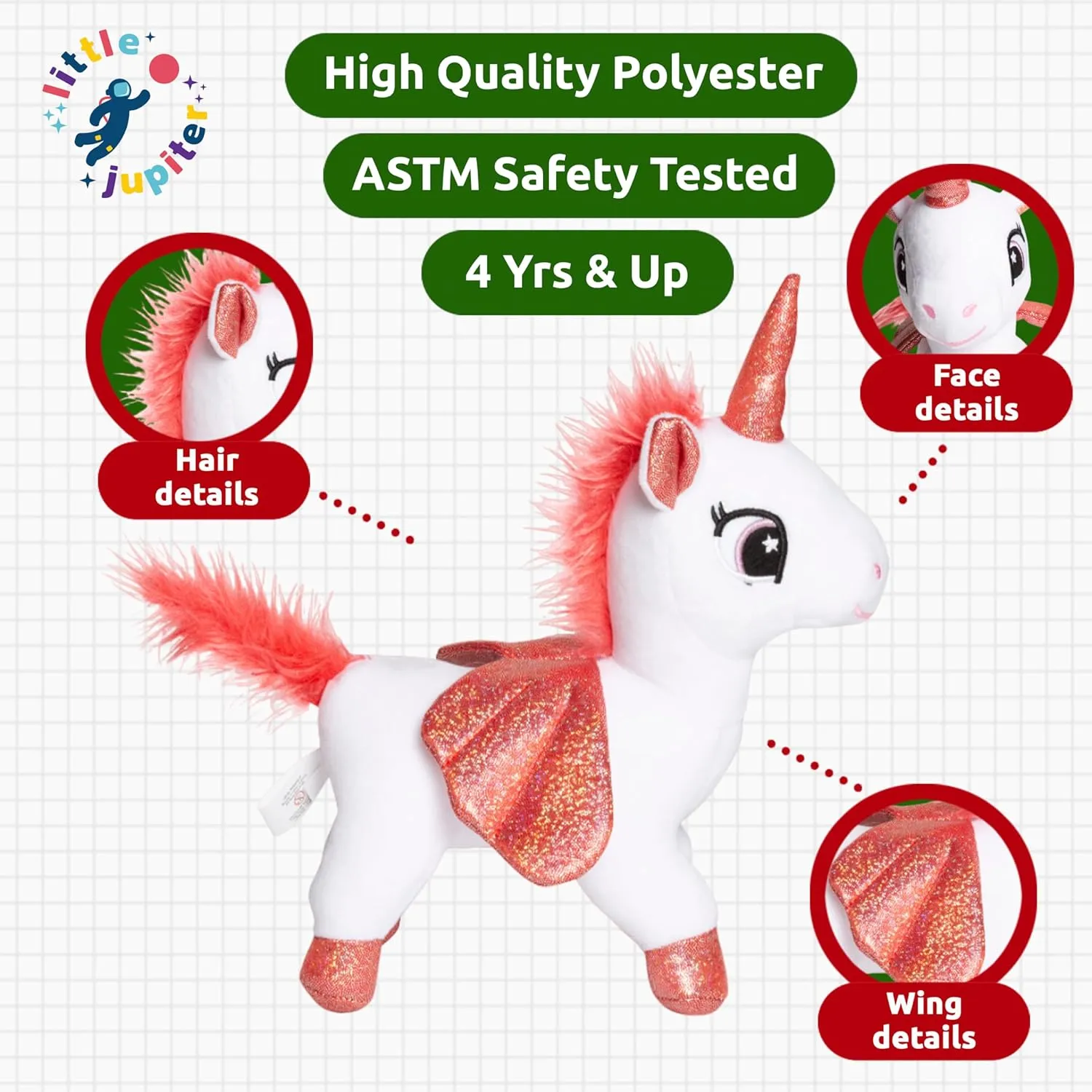 Little Jupiter Plush Pet Set w/Purse - Unicorn Stuffed Animals for Girls - Plush Gift for Age 4-7 Yrs (White Red Unicorn)