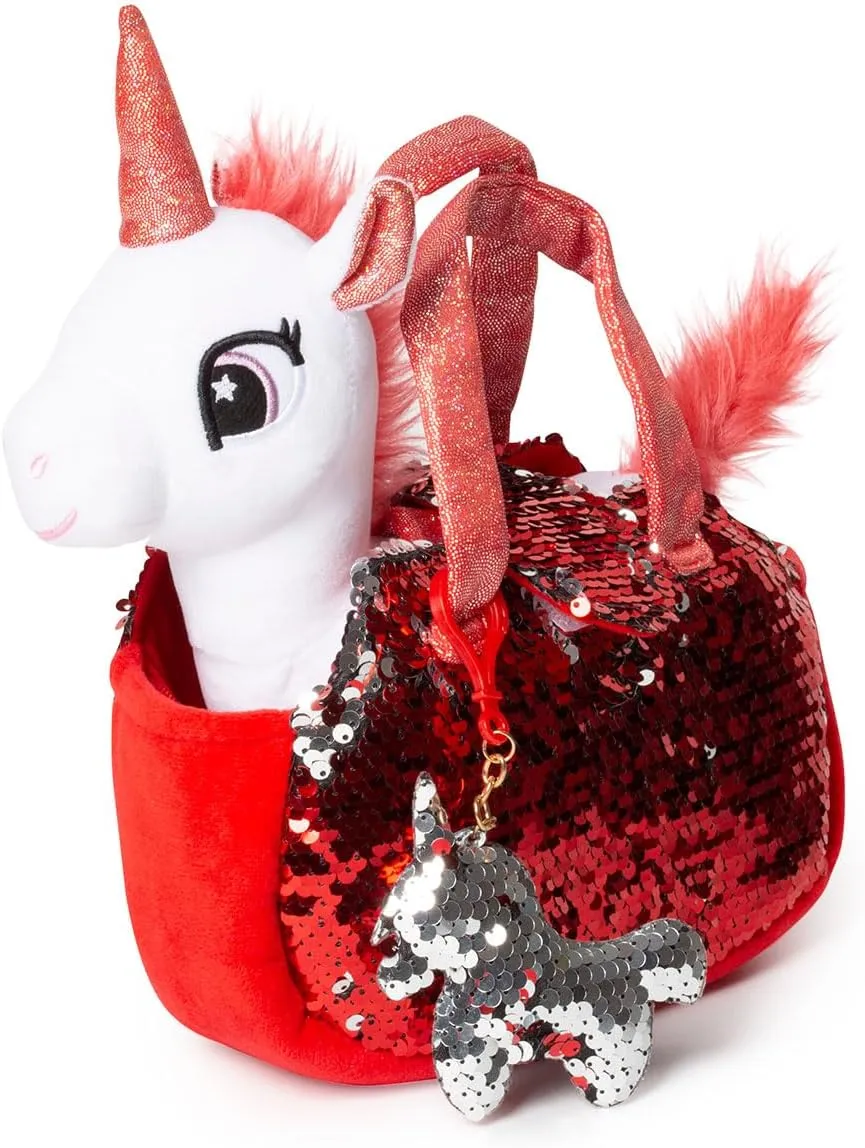 Little Jupiter Plush Pet Set w/Purse - Unicorn Stuffed Animals for Girls - Plush Gift for Age 4-7 Yrs (White Red Unicorn)