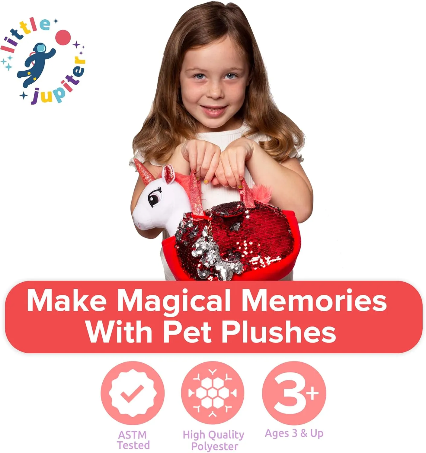 Little Jupiter Plush Pet Set w/Purse - Unicorn Stuffed Animals for Girls - Plush Gift for Age 4-7 Yrs (White Red Unicorn)