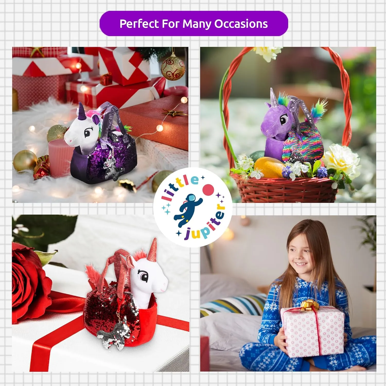 Little Jupiter Plush Pet Set w/Purse - Unicorn Stuffed Animals for Girls - Plush Gift for Age 4-7 Yrs (White Red Unicorn)