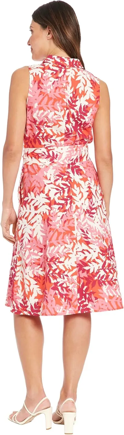 London Times Women's Linen Blend Polished Preppy Classic Belted Shirt Dress