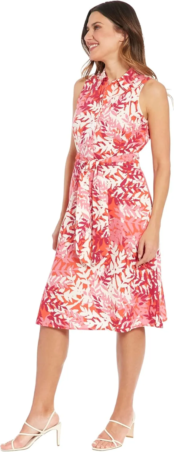 London Times Women's Linen Blend Polished Preppy Classic Belted Shirt Dress
