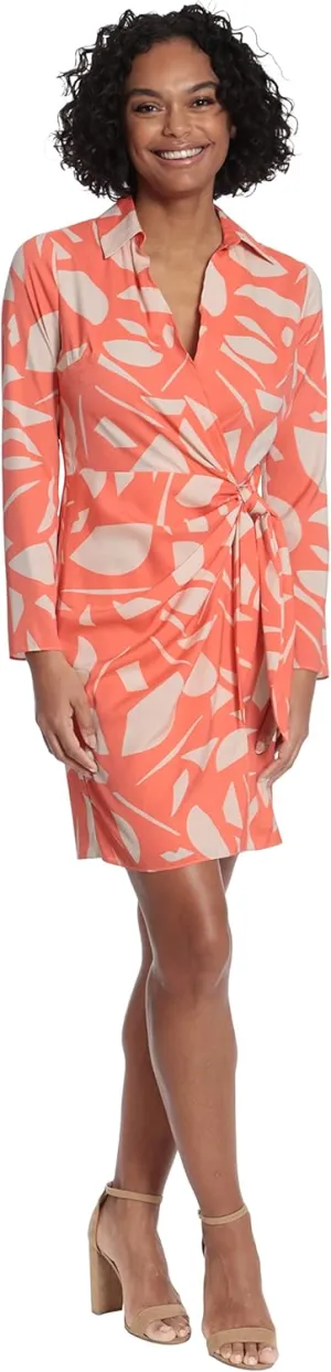London Times Women's Petite Geo Printed, Above The Knee Faux Wrap Dress with Tie and Collar