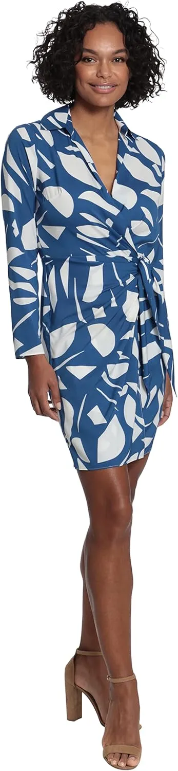 London Times Women's Petite Geo Printed, Above The Knee Faux Wrap Dress with Tie and Collar