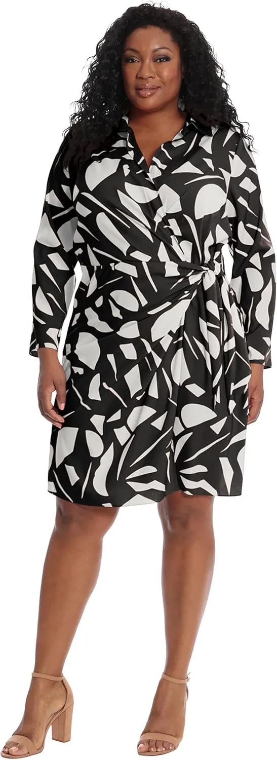 London Times Women's Petite Geo Printed, Above The Knee Faux Wrap Dress with Tie and Collar