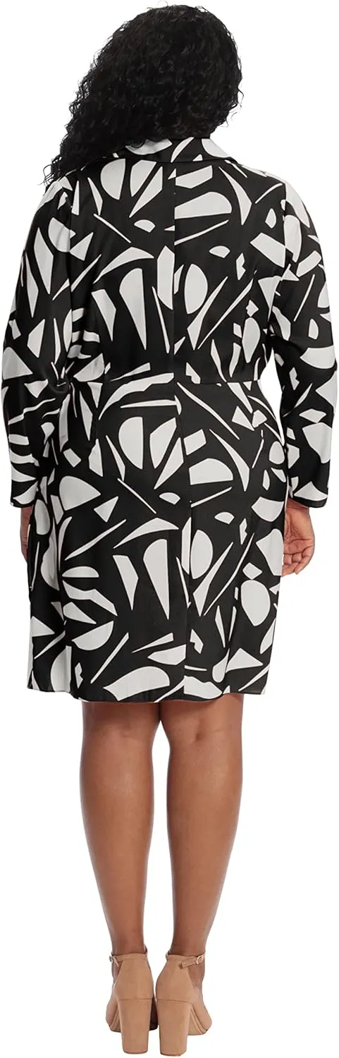 London Times Women's Petite Geo Printed, Above The Knee Faux Wrap Dress with Tie and Collar