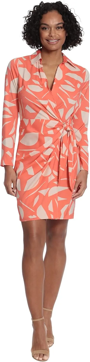 London Times Women's Petite Geo Printed, Above The Knee Faux Wrap Dress with Tie and Collar