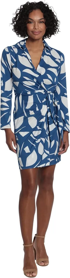 London Times Women's Petite Geo Printed, Above The Knee Faux Wrap Dress with Tie and Collar