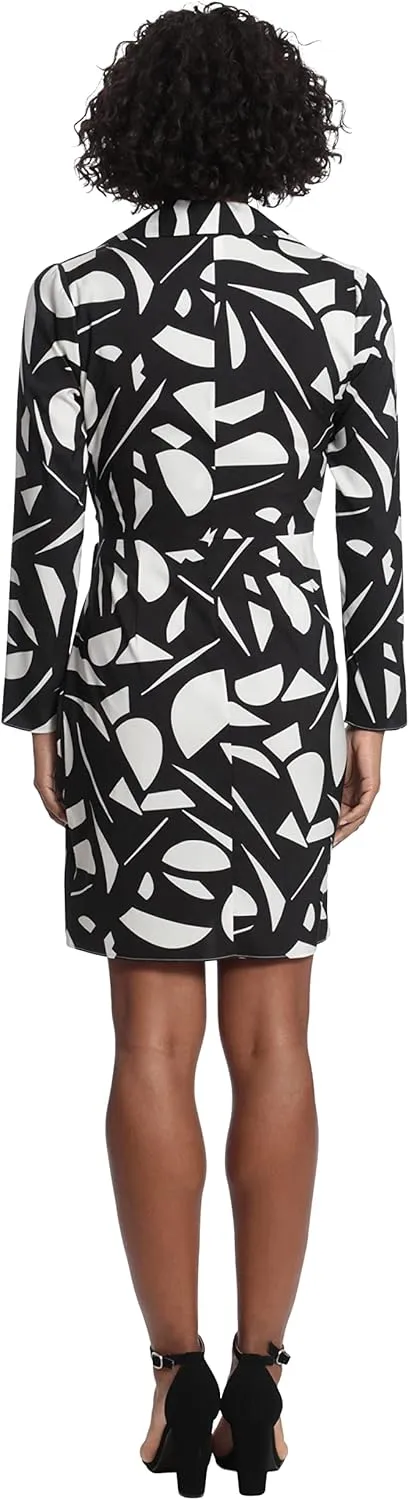 London Times Women's Petite Geo Printed, Above The Knee Faux Wrap Dress with Tie and Collar