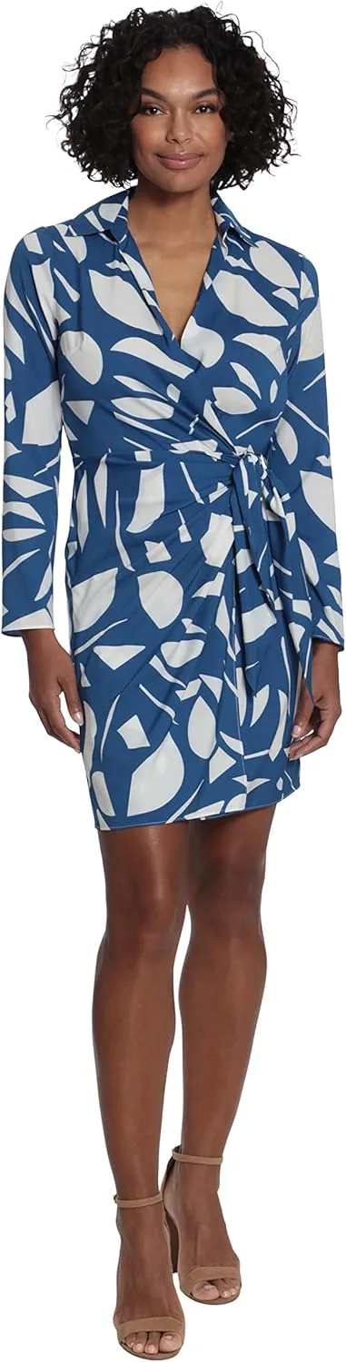London Times Women's Petite Geo Printed, Above The Knee Faux Wrap Dress with Tie and Collar