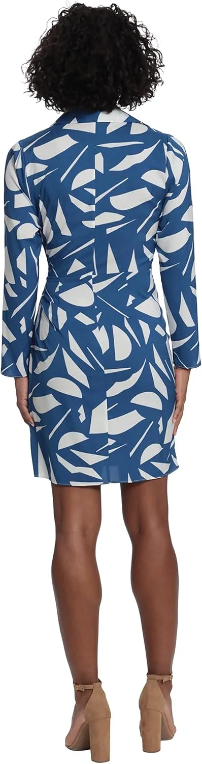 London Times Women's Petite Geo Printed, Above The Knee Faux Wrap Dress with Tie and Collar