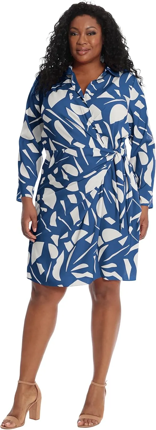 London Times Women's Petite Geo Printed, Above The Knee Faux Wrap Dress with Tie and Collar