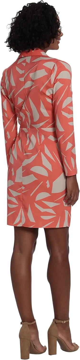 London Times Women's Petite Geo Printed, Above The Knee Faux Wrap Dress with Tie and Collar