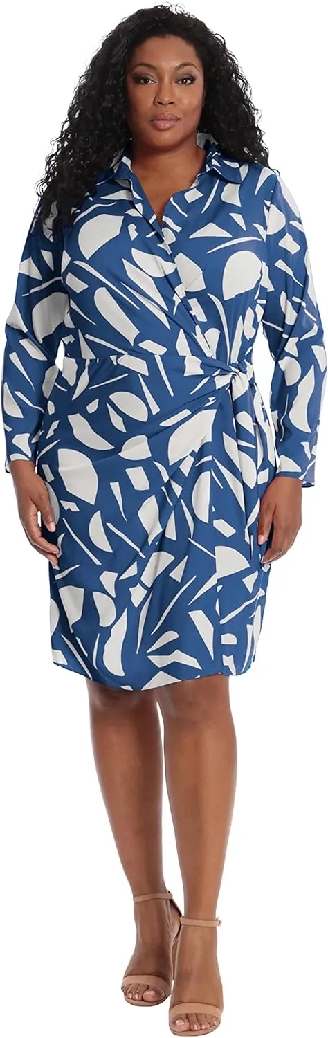London Times Women's Petite Geo Printed, Above The Knee Faux Wrap Dress with Tie and Collar