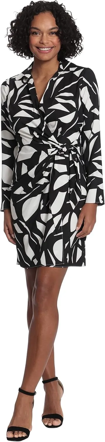 London Times Women's Petite Geo Printed, Above The Knee Faux Wrap Dress with Tie and Collar