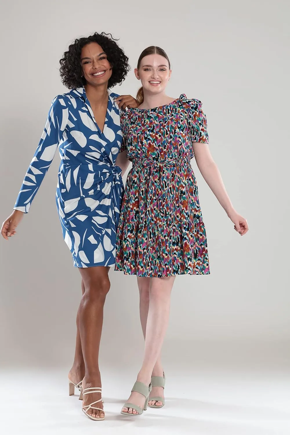 London Times Women's Petite Geo Printed, Above The Knee Faux Wrap Dress with Tie and Collar
