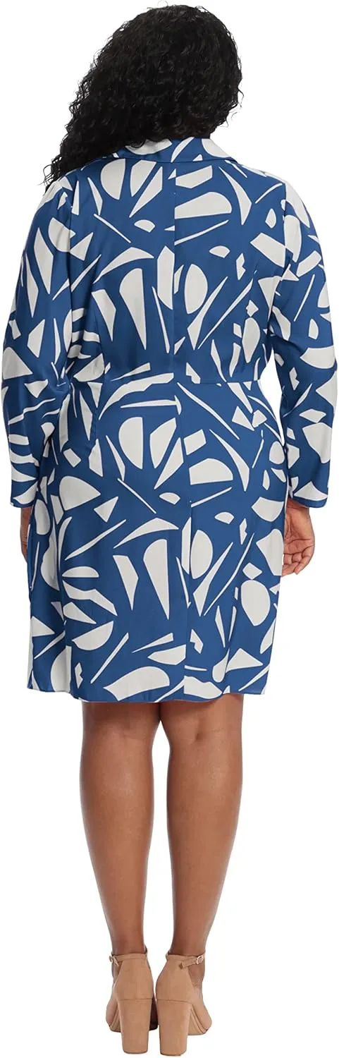 London Times Women's Petite Geo Printed, Above The Knee Faux Wrap Dress with Tie and Collar