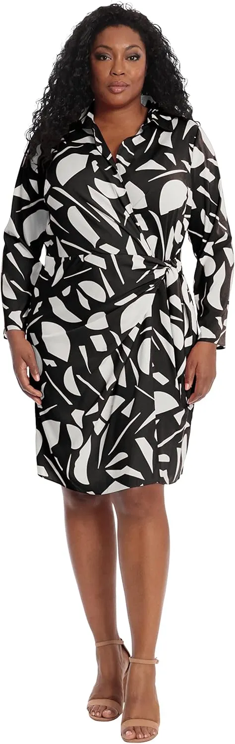 London Times Women's Petite Geo Printed, Above The Knee Faux Wrap Dress with Tie and Collar