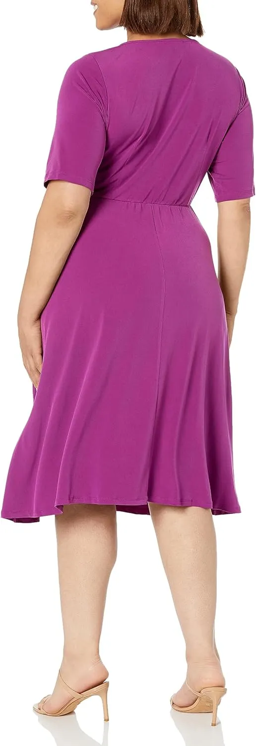London Times Women's Side Tie Flattering Midi Length Chic Versatile Matte Jersey Dress