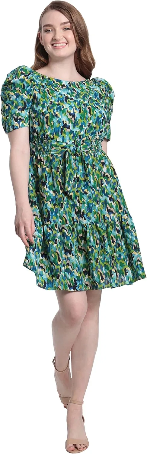 London Times Women's Smocked Waist with Bow and Puff Sleeve Dress