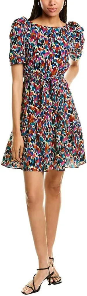 London Times Women's Smocked Waist with Bow and Puff Sleeve Dress