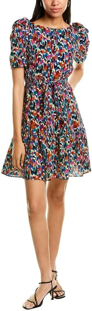 London Times Women's Smocked Waist with Bow and Puff Sleeve Dress